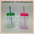 2015 Hot selling BPA Free double wall plastic mason jars with lid and straw